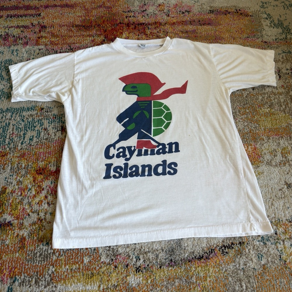 Vintage 80s Cayman Islands Sir Turtle Pirate Graphic T-Shirt Large White